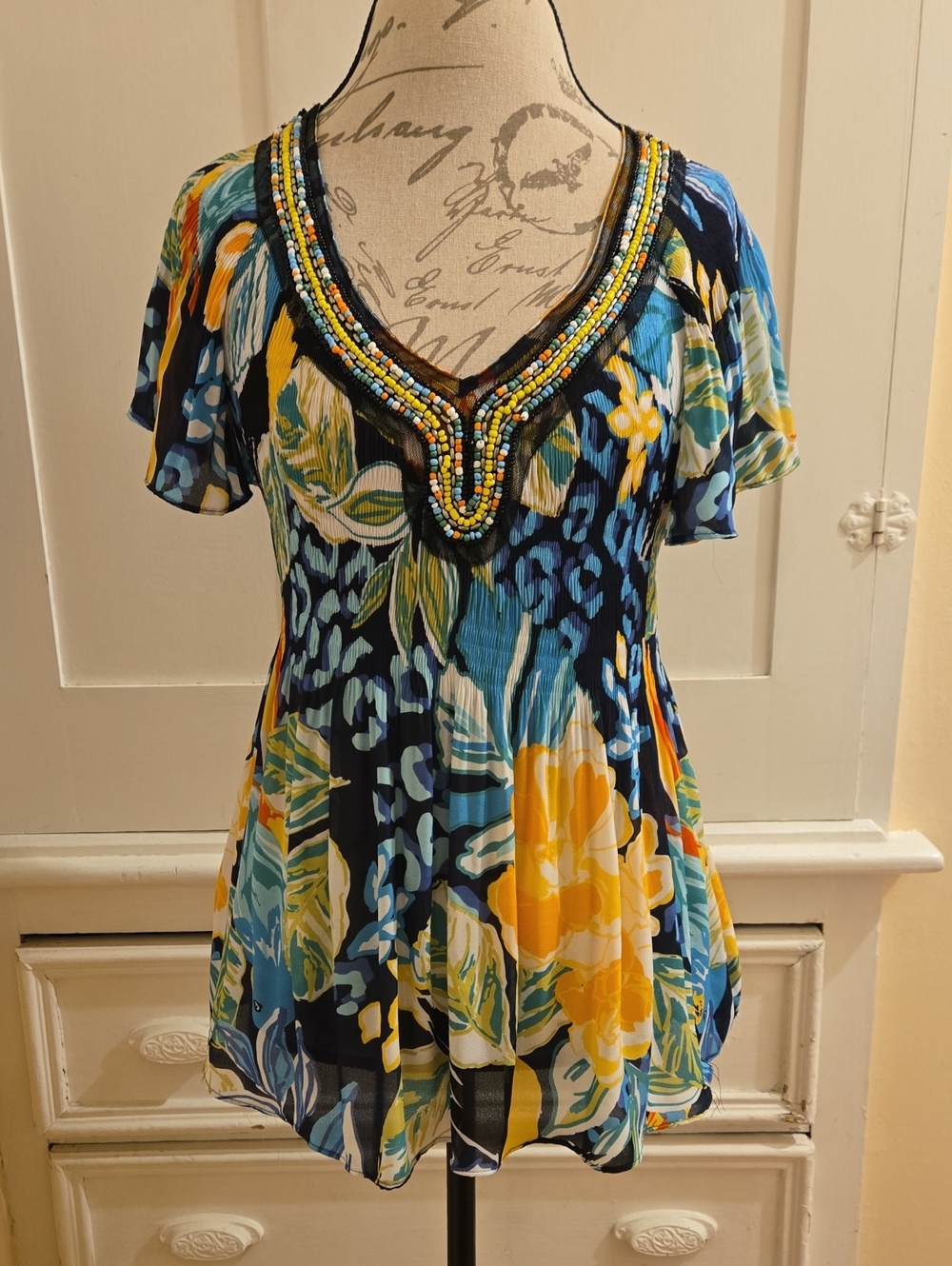 Melissa Paige Petites Silky Print Short Sleeved Blouse Sz PL 🎁